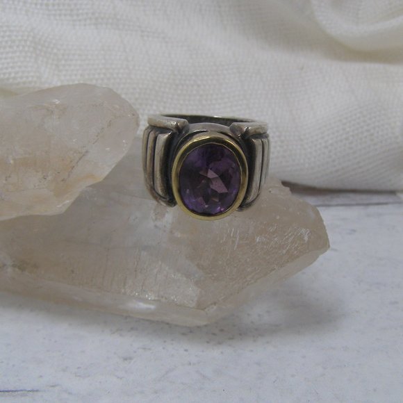 Sterling Silver 14K Gold Lagos Caviar Amethyst Bold Statement Ring 5.5 - Picture 7 of 7
